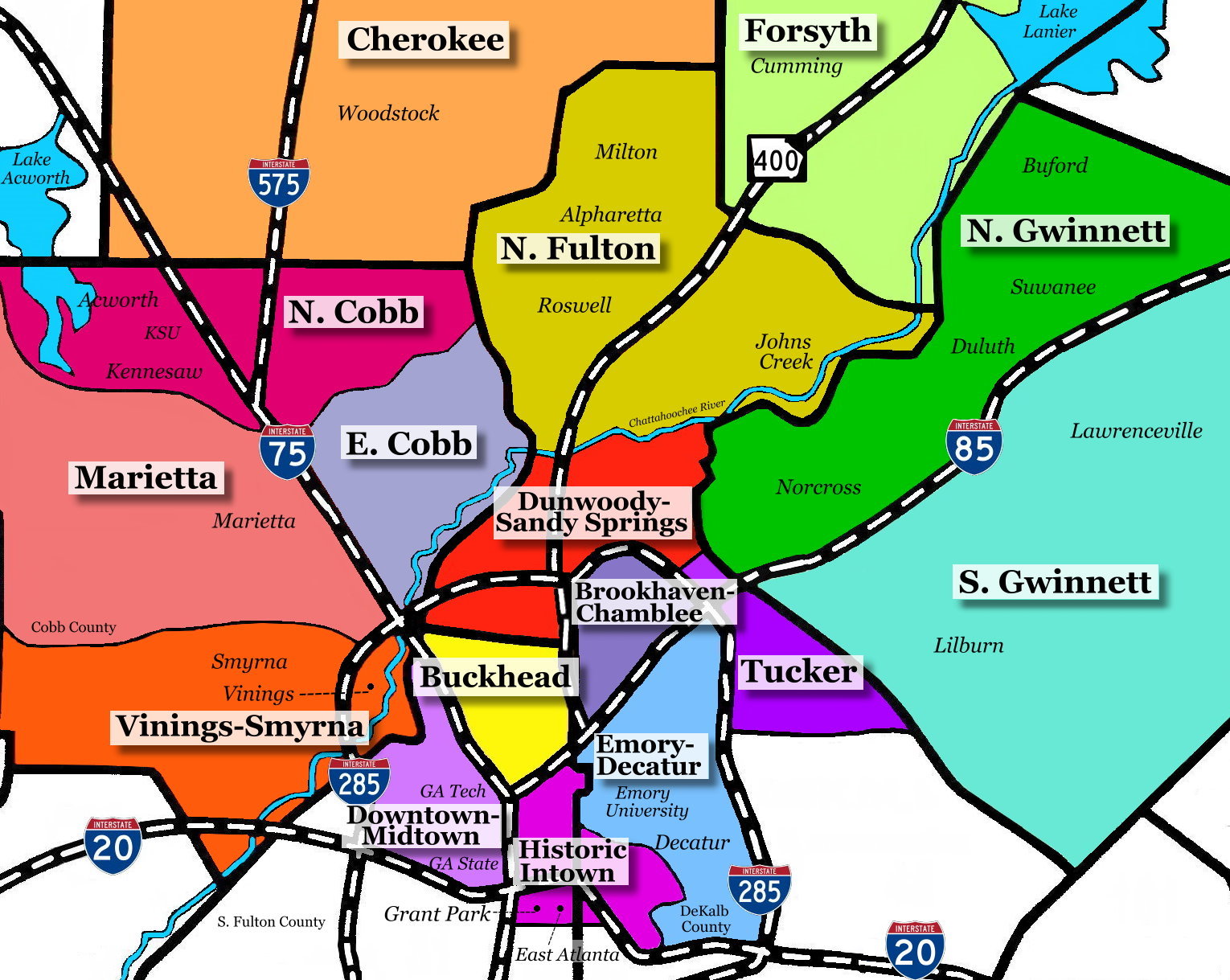 north atlanta suburbs map Area Map 5 With Raised Names Atlanta Townhomes north atlanta suburbs map